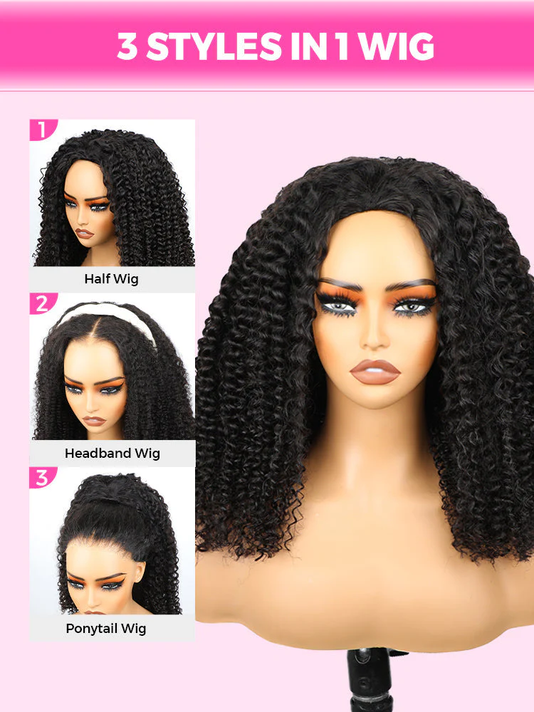 CurlyMe 3 In 1 Half Wig Layered Curly Bob Pre-Styled Kinky Curly Half Wig Draw-strings Flip Over Wig - Image 10