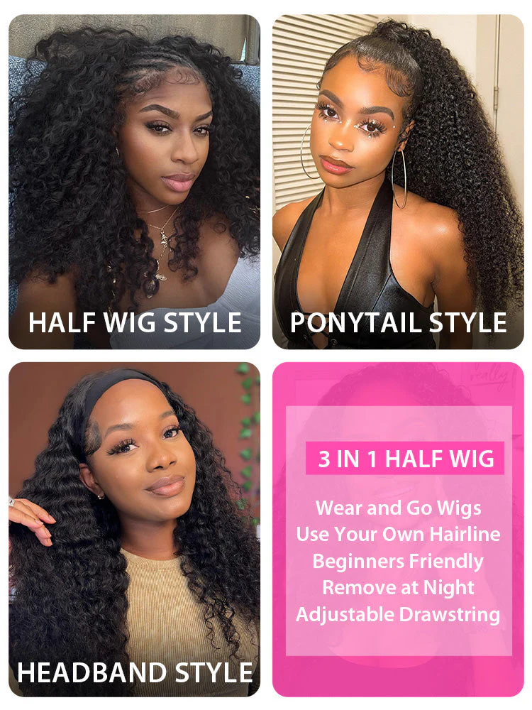 CurlyMe 3 In 1 Half Wig Layered Curly Bob Pre-Styled Kinky Curly Half Wig Draw-strings Flip Over Wig - Image 9