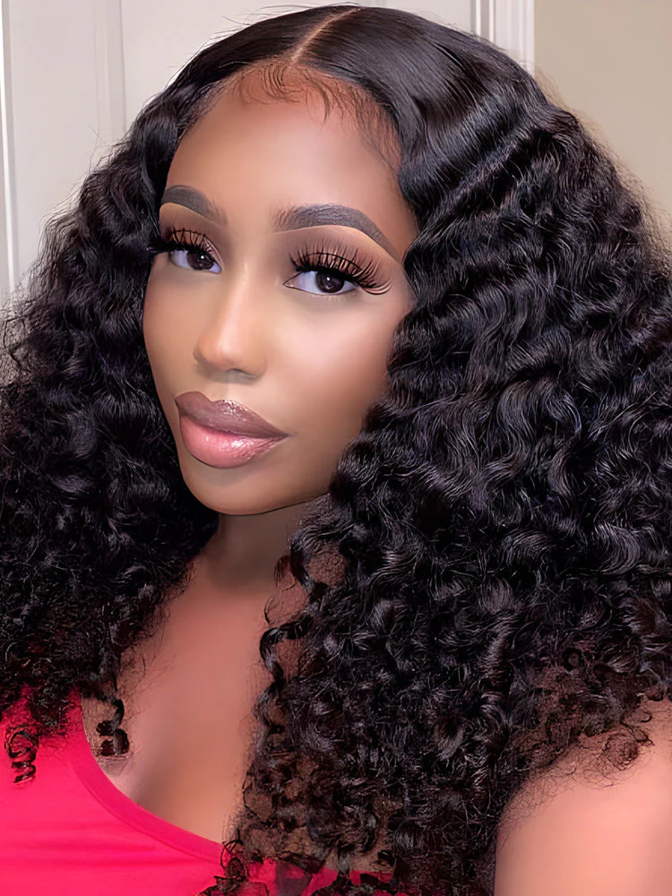 CurlyMe Deep Wave Hair 4x4 Lace Closure Wig Pre Plucked Swiss Lace Curly Hair - Image 6