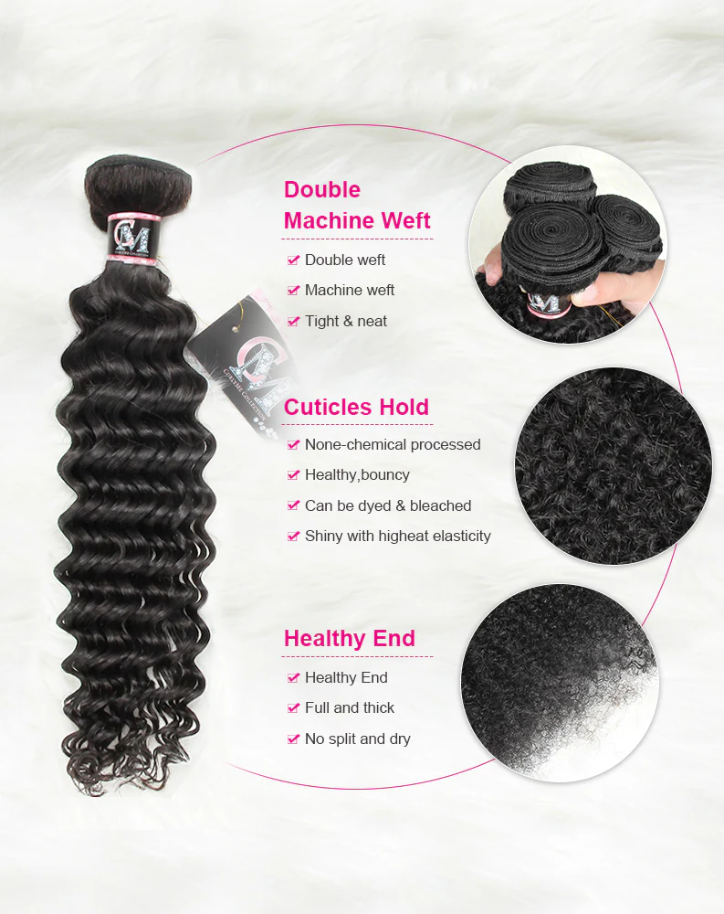 CurlyMe Deep Wave Human Hair 3 Bundles With 13x4 Lace Frontal Natural Black - Image 4
