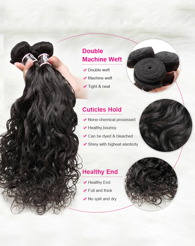 CurlyMe Natural Wave Virgin Human Hair 3 Bundles With 13x4 Frontal Natural Black - Image 4